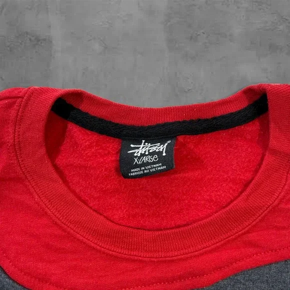 Y2K Oversized Boxy Red Grey Stussy Streetwear Sweater - Picture 5 of 7